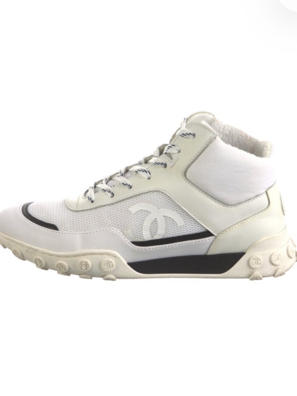 CHANEL White and Black High-Top Logo Sneakers